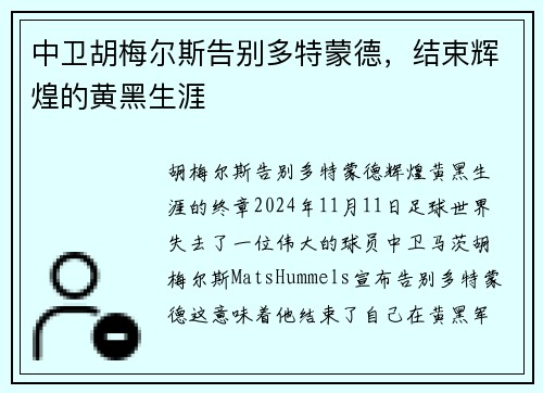 中卫胡梅尔斯告别多特蒙德，结束辉煌的黄黑生涯